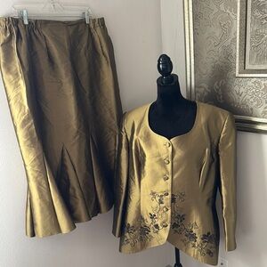 Solini Collections Sz 18 beaded two piece skirt and blazer olive green sheen set